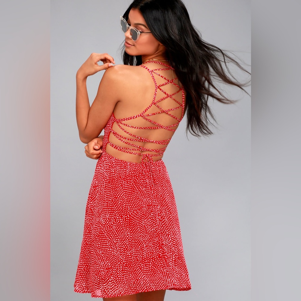 Lulus Happy Together Red Polka Dot Lace-Up Dress